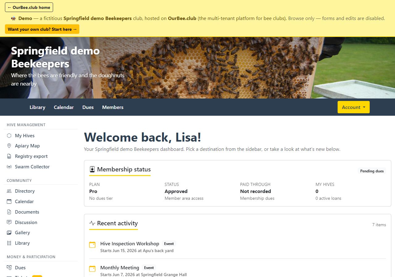 OurBeeClub demo member dashboard with membership status and recent activity