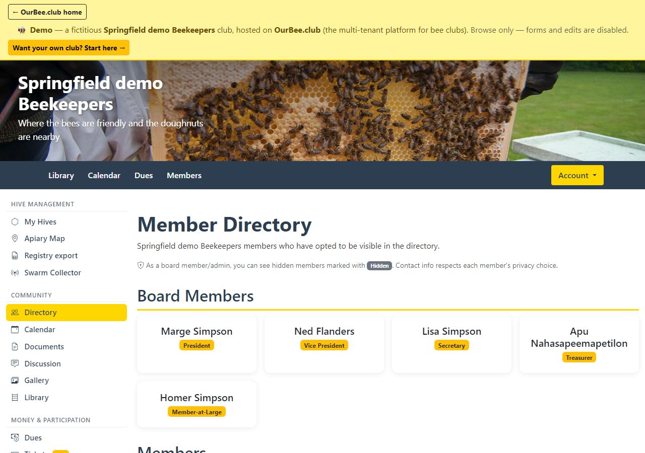 OurBeeClub demo member directory showing board members